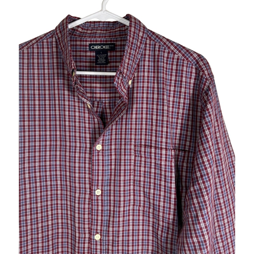 Cherokee Men Large Plaid Button Down Shirt Burgundy Blue Long Sleeve Regular Fit